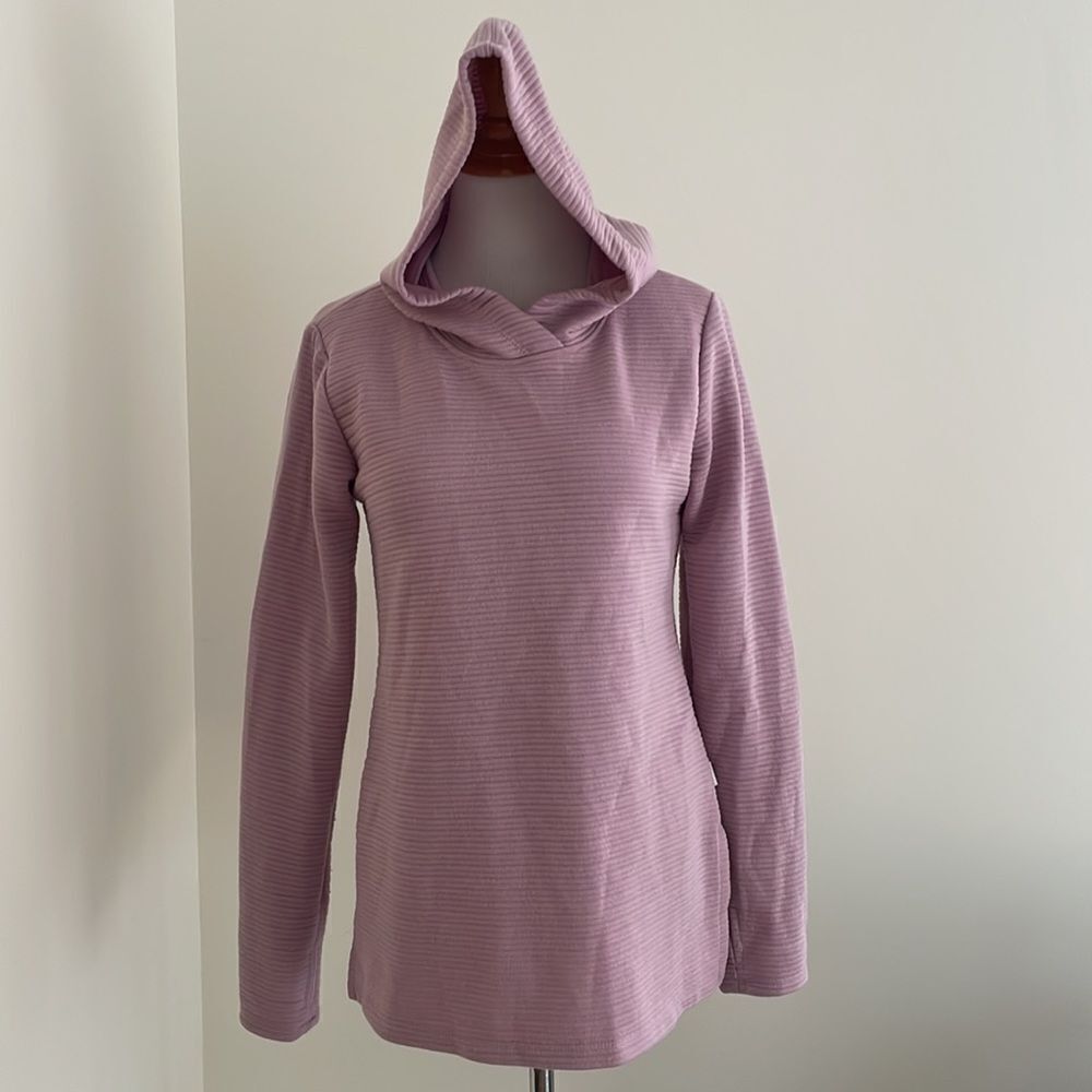 RBX hooded,long sleeve ,mauve ribbed side split top size women Small